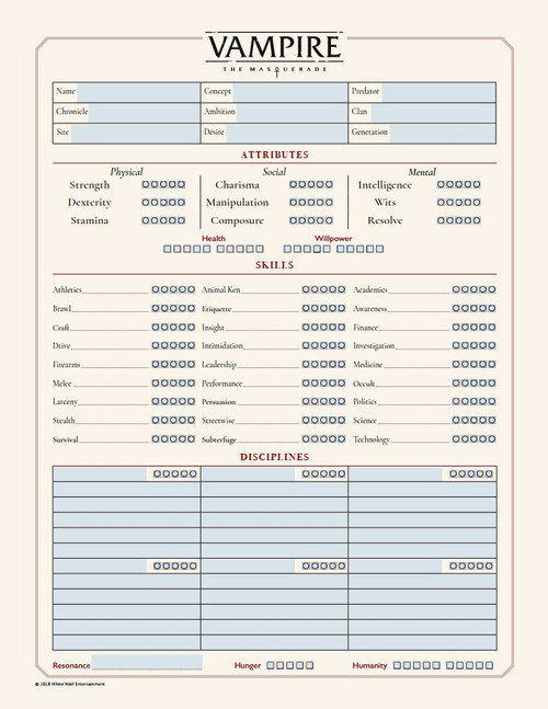 Vampire: The Masquerade 5th Edition Roleplaying Game PDF Fillable Character Sheet