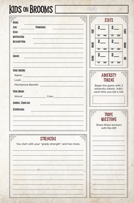 Kids on Brooms Character Sheet